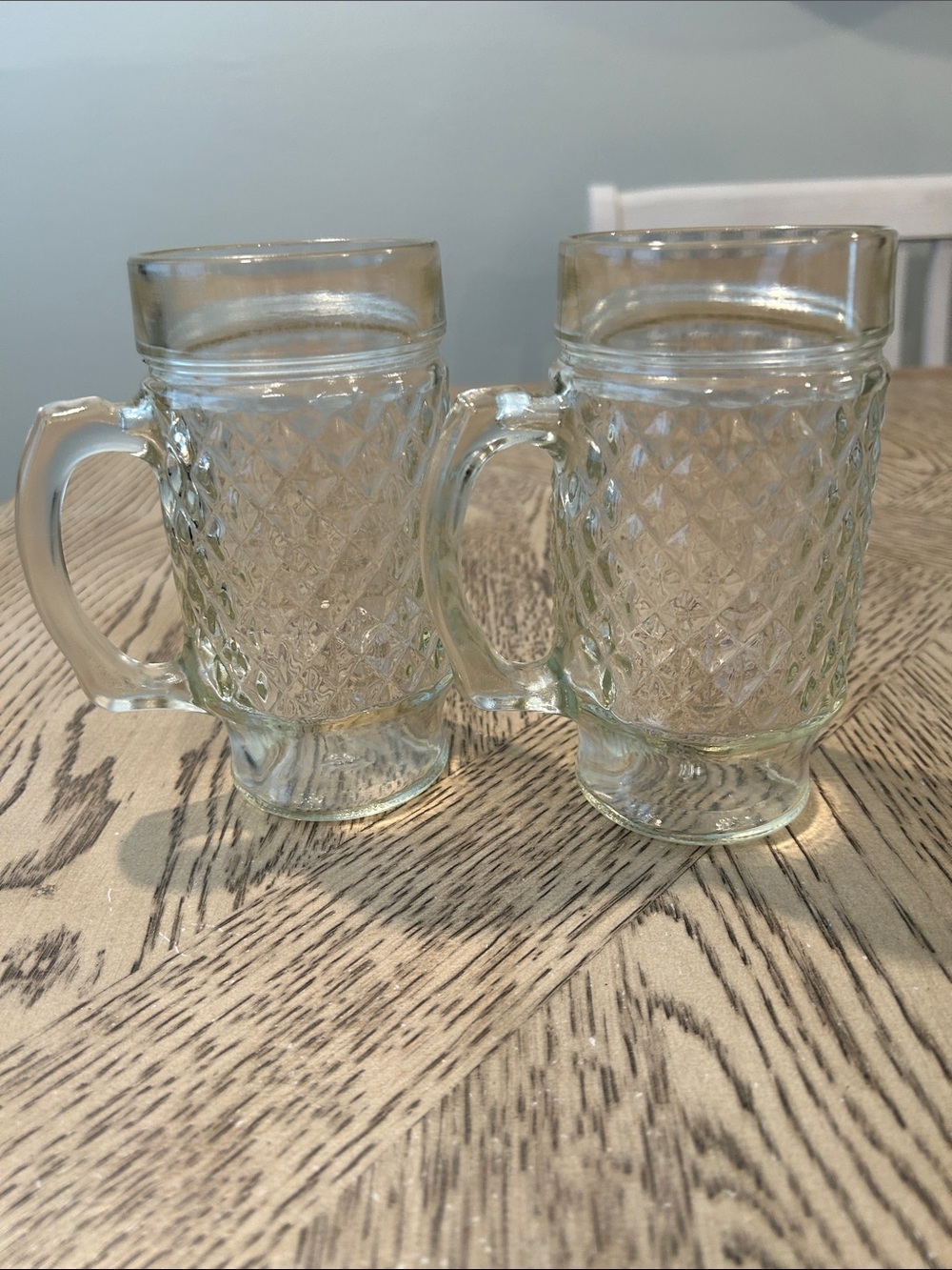 Vintage Anchor Hocking Clear Diamond-Pattern Glass Mugs - Pair